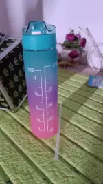 Plastic Colorful Motivational Water Bottle with Straw-900ml